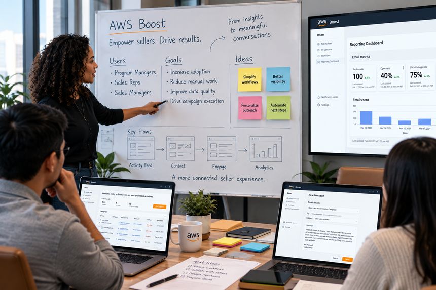 Team working session for AWS Boost: a whiteboard maps users, goals, ideas, and key flows from activity feed to analytics, next to the reporting dashboard