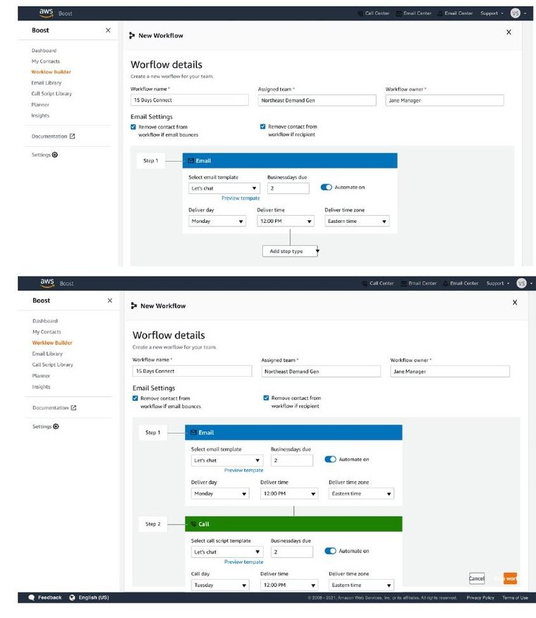 Initial concept of the workflow builder: two versions of the New Workflow screen with workflow details, email settings, and email and call steps
