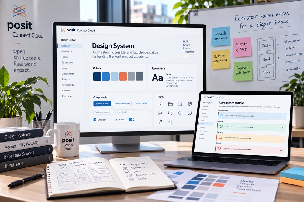 Posit Connect Cloud design system shown on a monitor and laptop: colors, typography, components, icons, and alert banners built for accessibility and reuse
