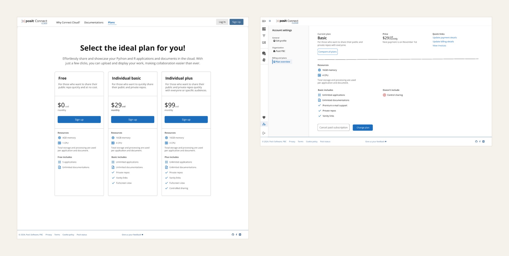 Connect Cloud pricing table with three plans, next to the plan overview in account settings