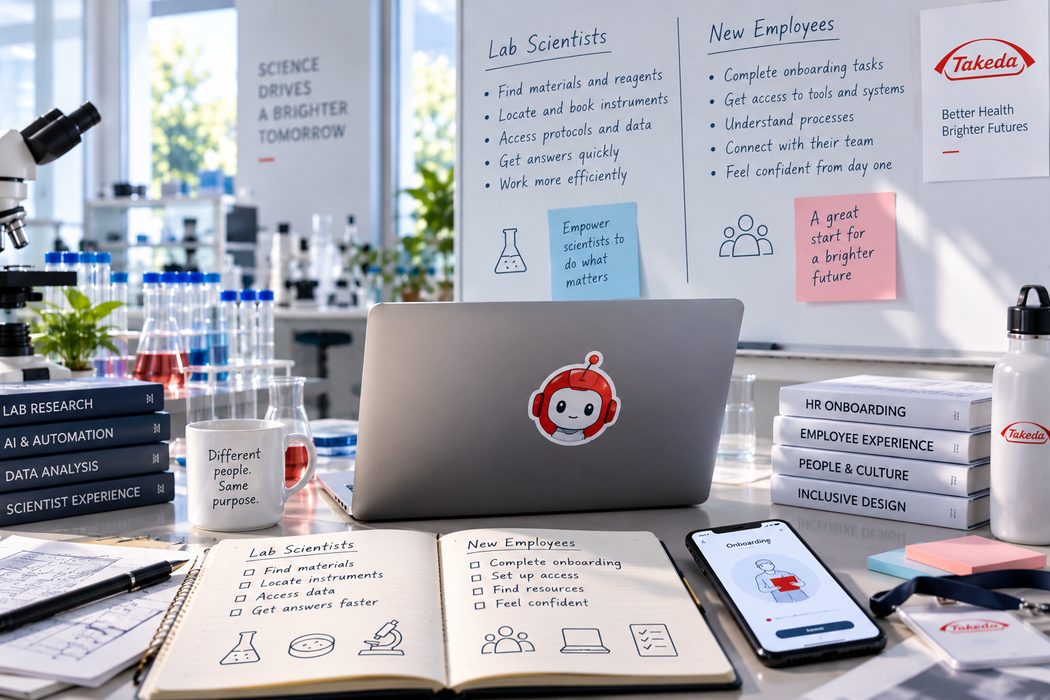 Challenge overview: lab scientists need to find materials, book instruments, and get answers quickly, while new employees need to complete onboarding tasks and connect with their team