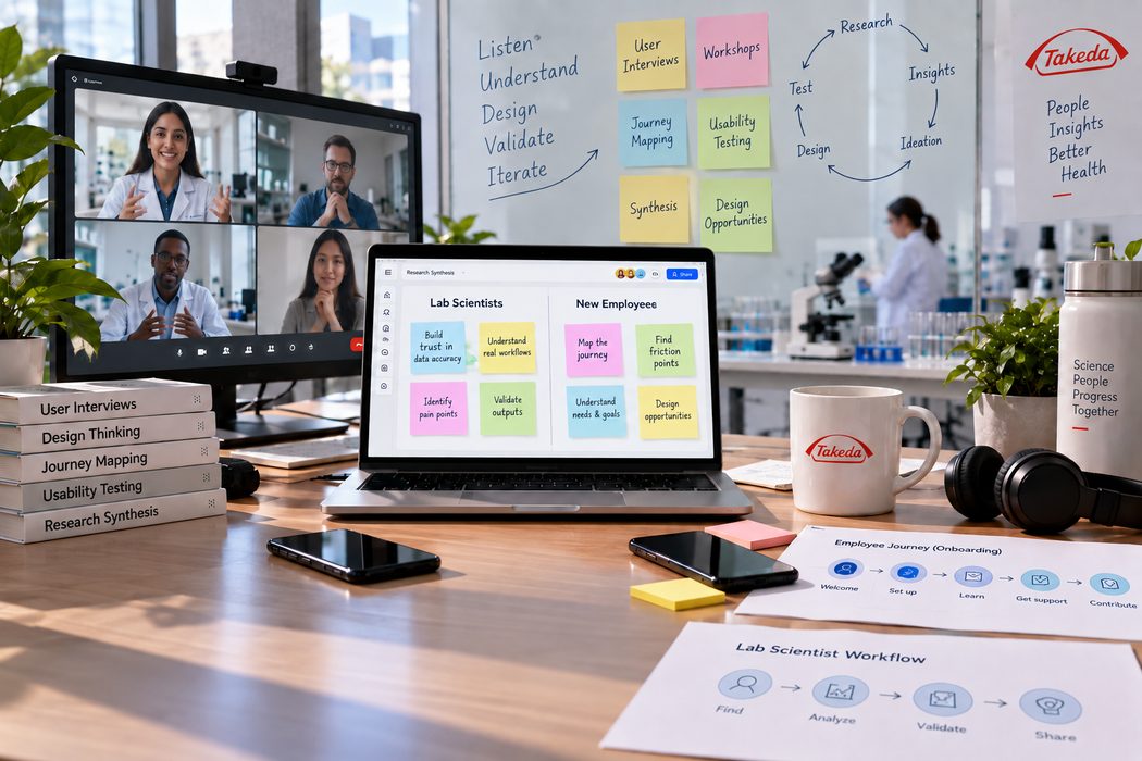 Research setup: remote interviews on screen, sticky notes grouped for lab scientists and new employees, and journey maps for onboarding and the lab workflow